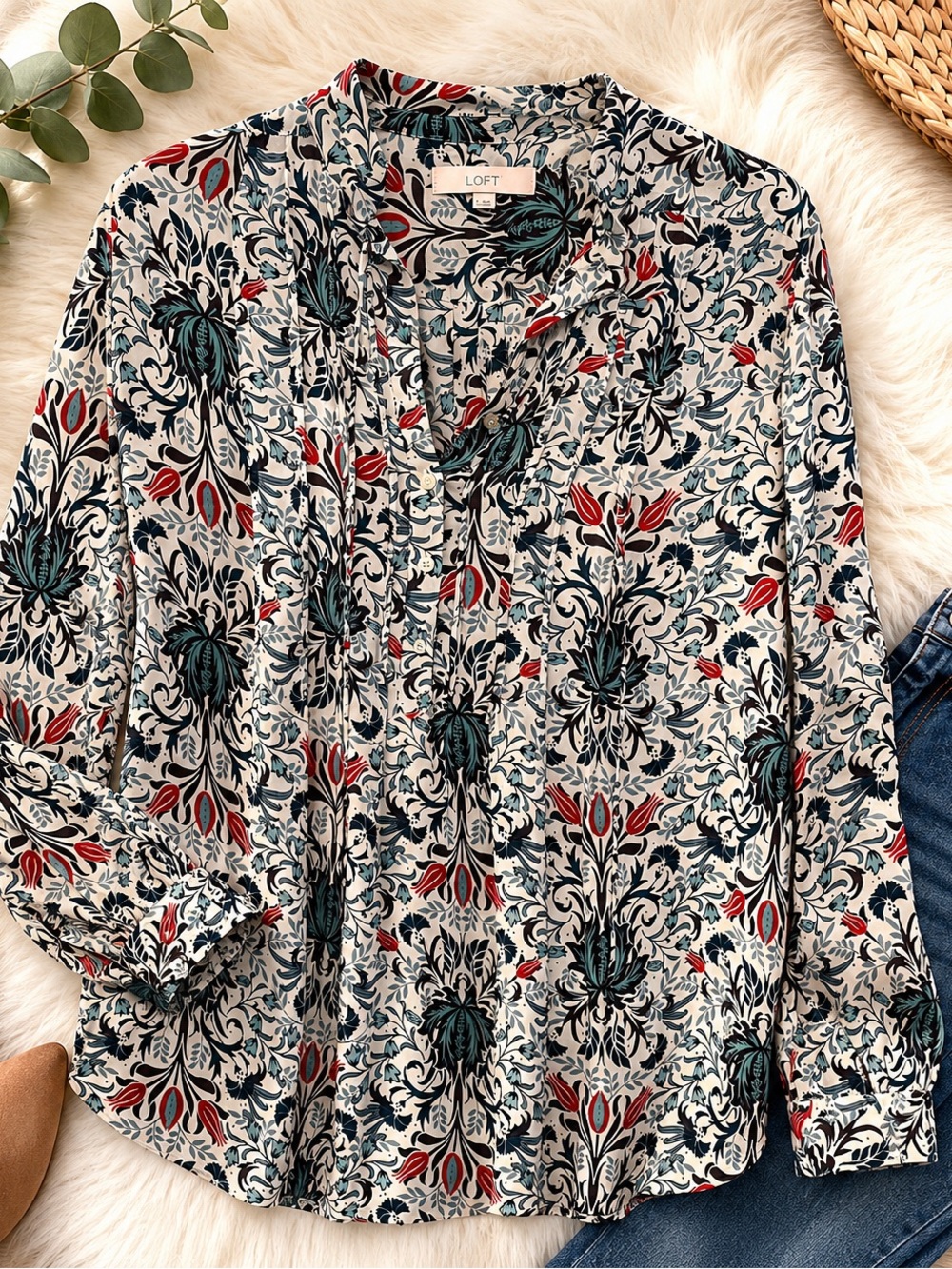 LOFT Floral Popover Blouse Long Sleeve Pintuck Boho Top